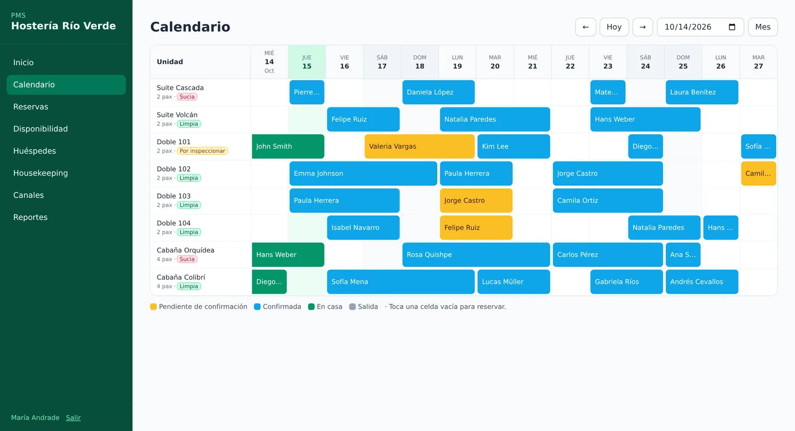 Calendario de reservas del PMS con reservas por unidad y estado