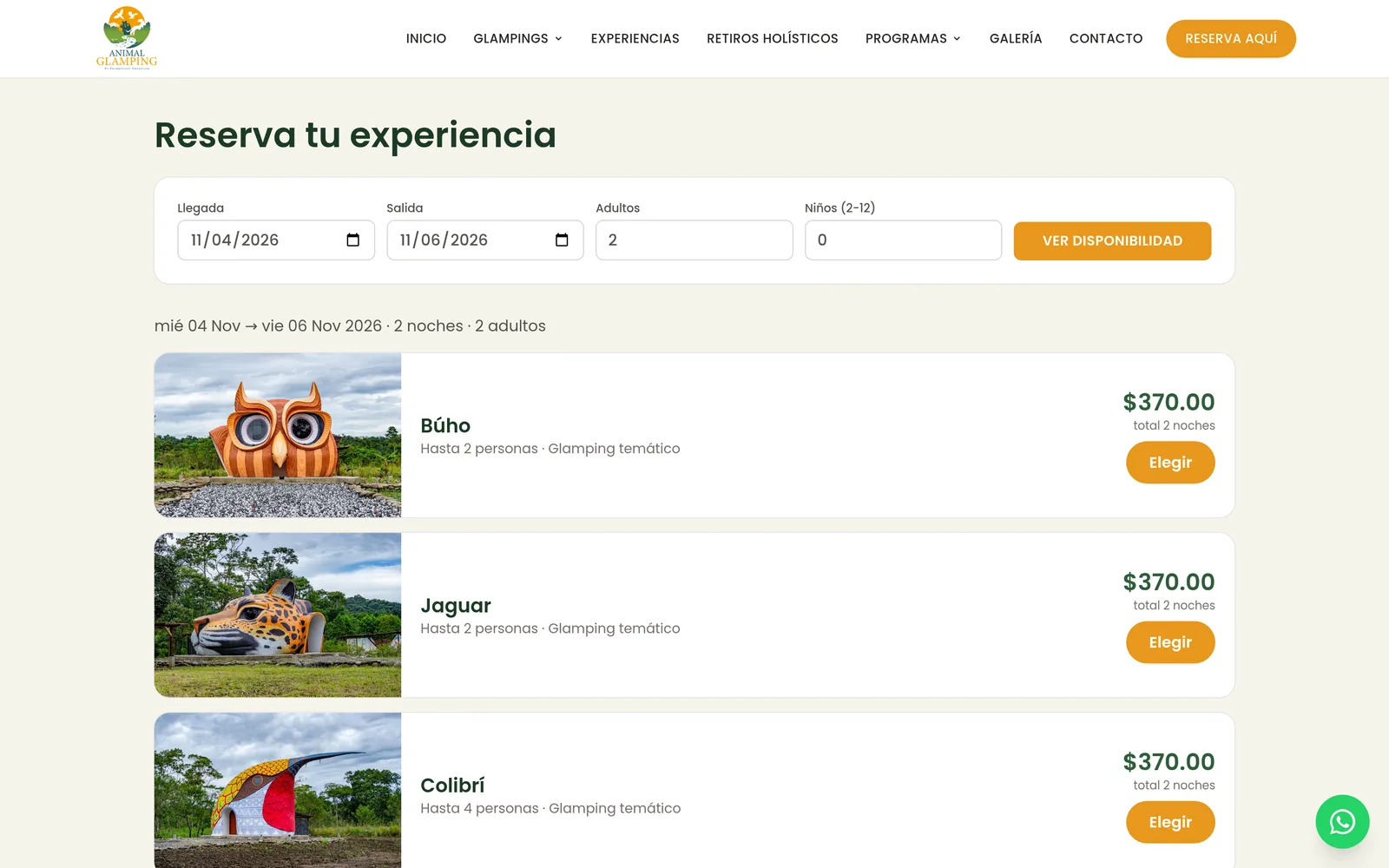Buscador de disponibilidad con precios por cabaña